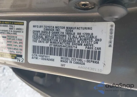 2004 Toyota Corolla Le из США, поврежденный, VIN 2T1BR32E44C293714